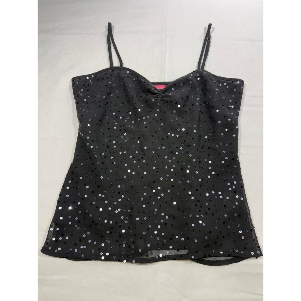 Thalia Sodi Black Sequin Mesh Camisole Top Y2K Sweetheart Neck XS